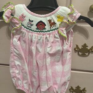 Pink Gingham Baby Smock Romper with Farm Animal Embroidery